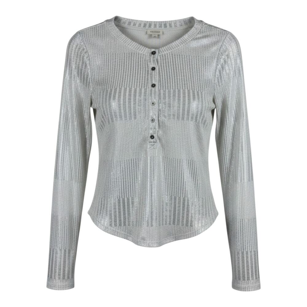 Pilcro silver metallic ribbed knit henley top with long sleeves button placket s